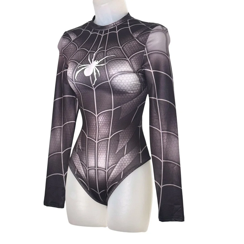 New Small Black‎ Spider Web Long Sleeve Bodysuit Spiderman Superhero Costume